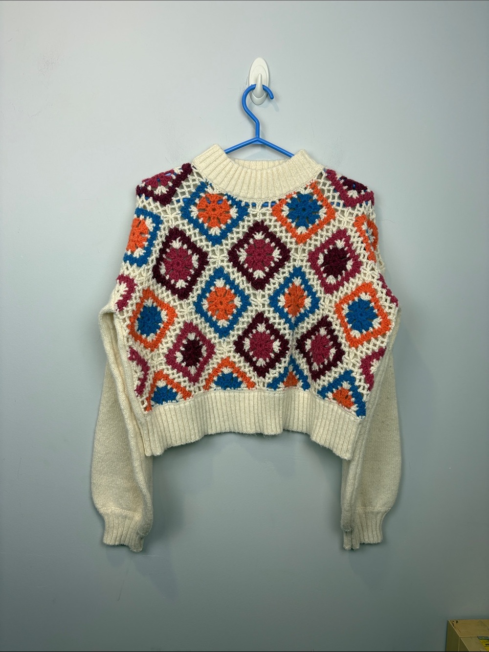 Dreamers Cream Crochet Diamond Sweater with Blue, Orange & Burgundy Accents
